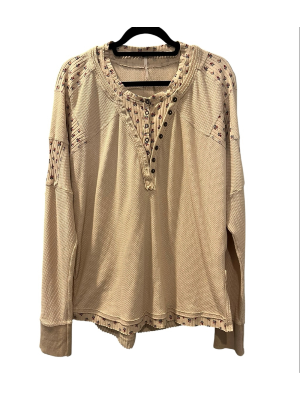 Free People Heart To Heart Thermal Henley Top Cream Floral Mixed Media Medium